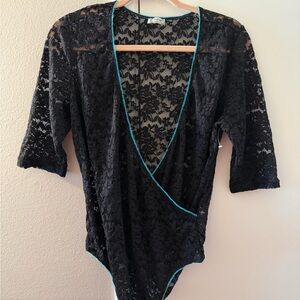 Free People Black Lace Bodysuit with Blue Trim